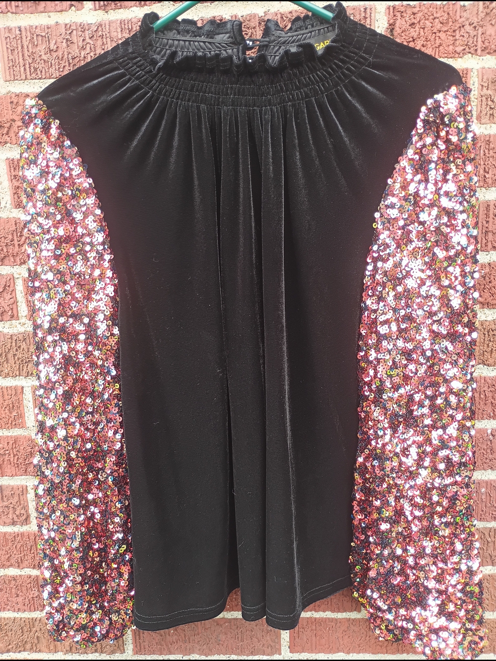 Sugarlips Black Smocked Ruffle Neck Sequin Sleeve Top